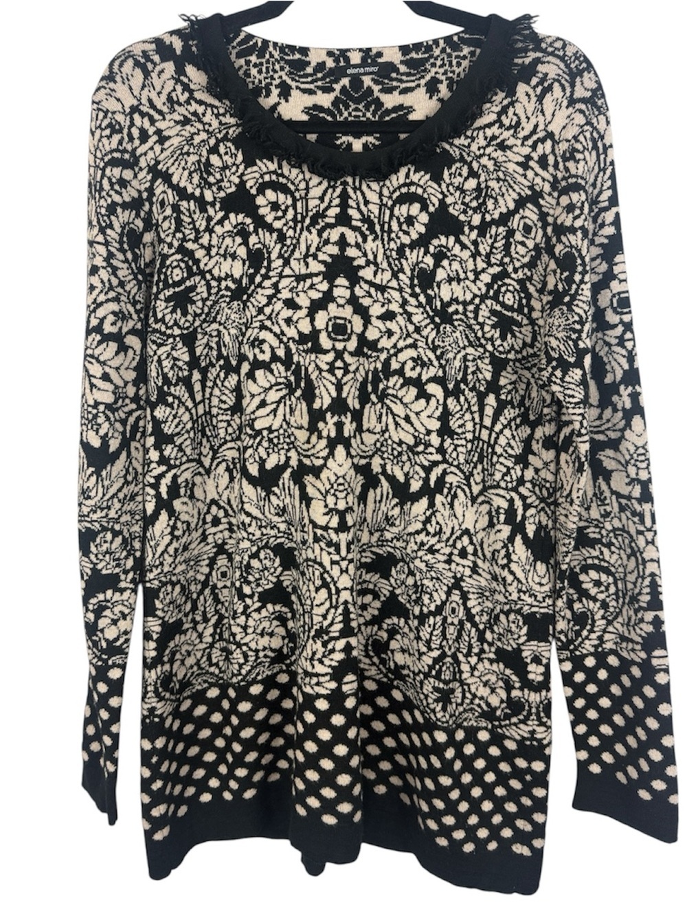 Elena Miro Wool Blend Damask Polka Dot Fringe Sweater Medium Made In Italy